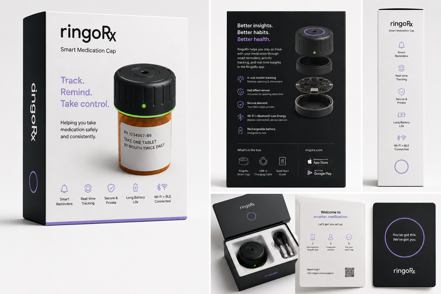 RingoRx Smart Medication Cap retail packaging — front, back, side, and unboxing views